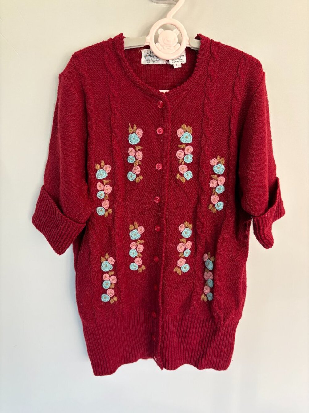 Vintage Tiffany Manor Girls Red Floral Embroidered Cardigan Sweater Kids Large